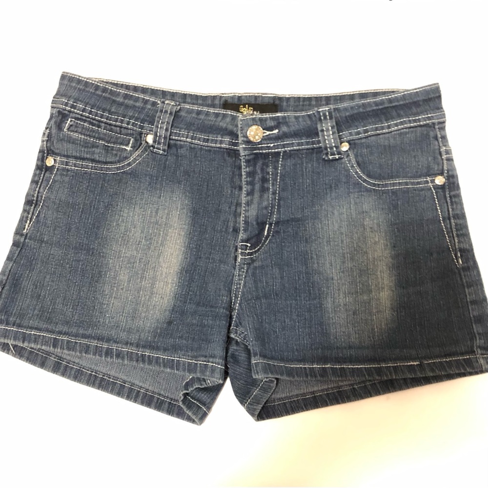 Gold Drama Stretch Distressed Denim Embroidered Shorts, Jr Sz 11